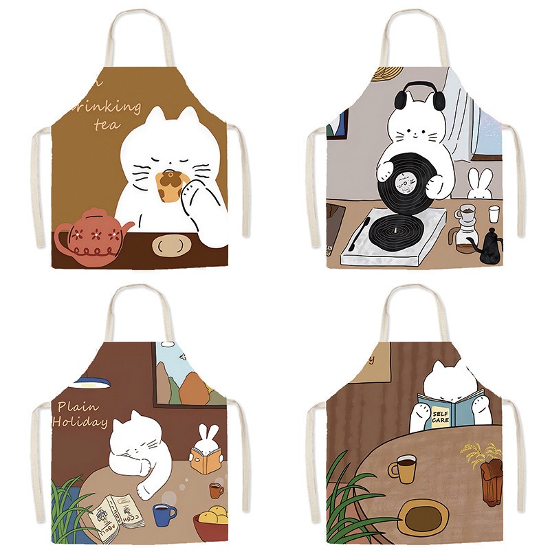 Home Cooking Cafe - Cute White Cat Printed Apron Cozy
